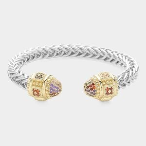Multi CZ Stone Tip Twist Rope Cable Cuff Bracelet Bangle Textured Metal Two Tone
